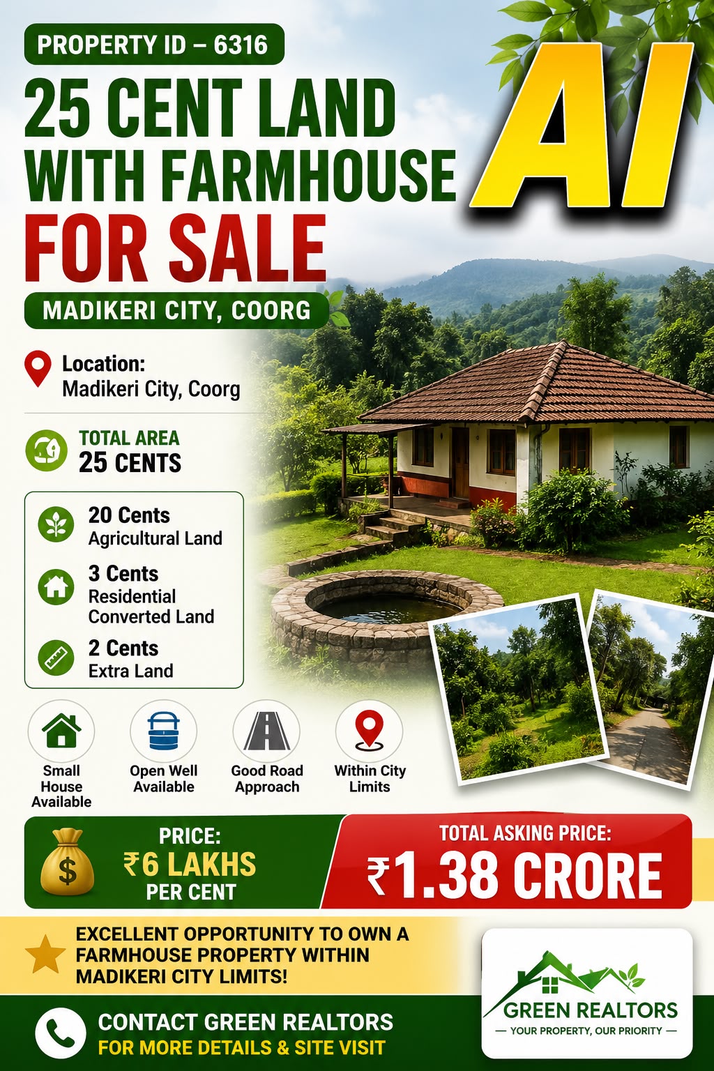 🆔 *PROPERTY ID – 6316* 🏡🌿 *25 CENT LAND WITH FARMHOUSE FOR SALE – MADIKERI CITY, COORG*🌿🏡